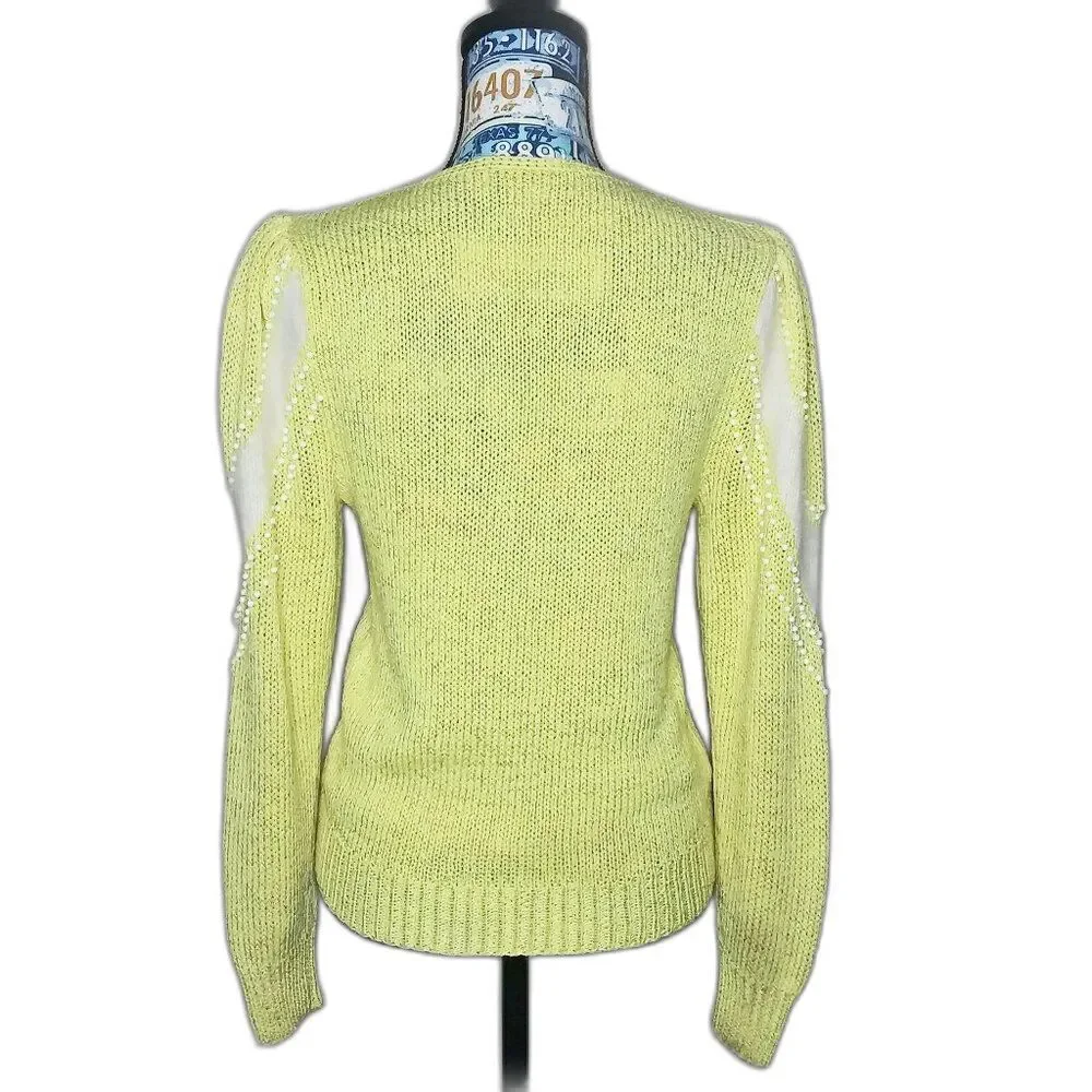 Vtg NANNELL Angora‎ V-Neck Sweater Bead Embellished Puff Sleeve Butter Yellow M